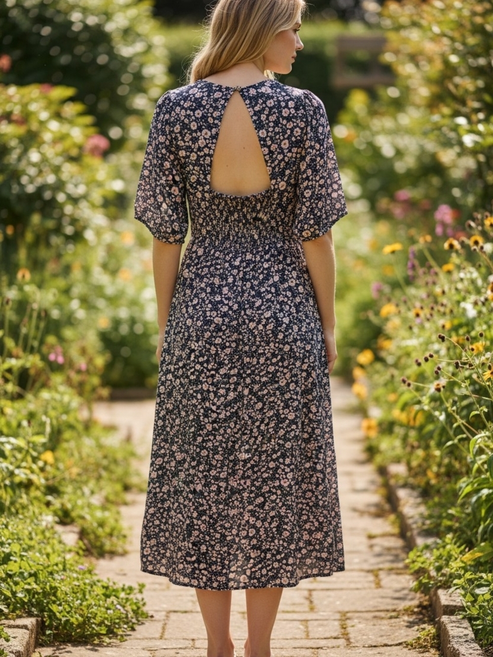 Old Navy Plum Floral Puff-Sleeve Midi Dress - Picture 4 of 4